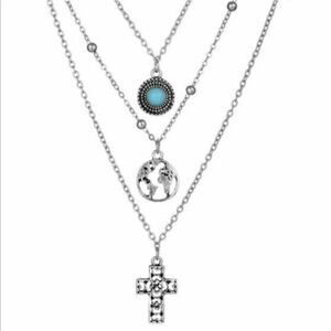 Multi-Layer Necklace Vintage Cross Earth 3 Layers - Turquoise and Silver Tone